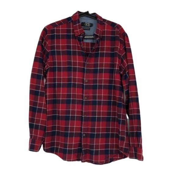 Simons le 31 red navy button down plaid flannel semi fit long sleeve Med - Picture 1 of 14